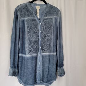 Chico's Women's Size 1 Blue Lace Long Sleeve Button Down Denim Look Shirt